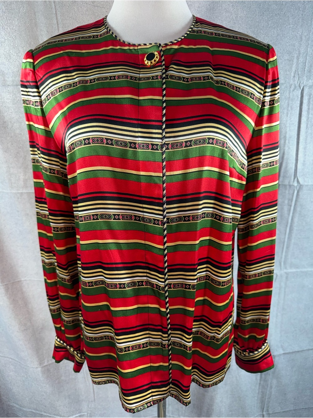 2628-Vintage Maggy London Red & Green Striped Button-Front Shirt